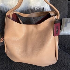 Coach Pebbled Leather Shoulder Bag in Tan with Burgundy Tag